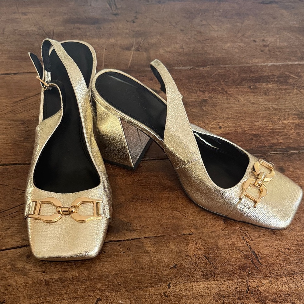 Gold Slingback Block Heel Pumps with Metal Bit Accent